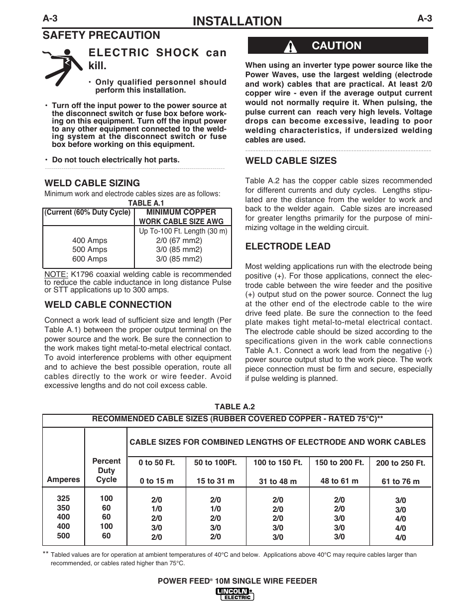 Installation, Safety precaution electric shock can kill, Caution | Lincoln Electric IM827 POWER FEED 10M WIRE FEEDER User Manual | Page 11 / 76