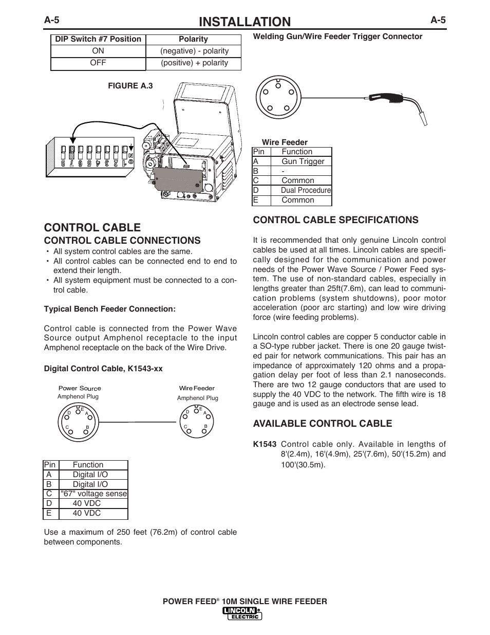 Installation, Control cable, Control cable specifications | Available control cable, Control cable connections | Lincoln Electric IM827 POWER FEED 10M WIRE FEEDER User Manual | Page 13 / 76