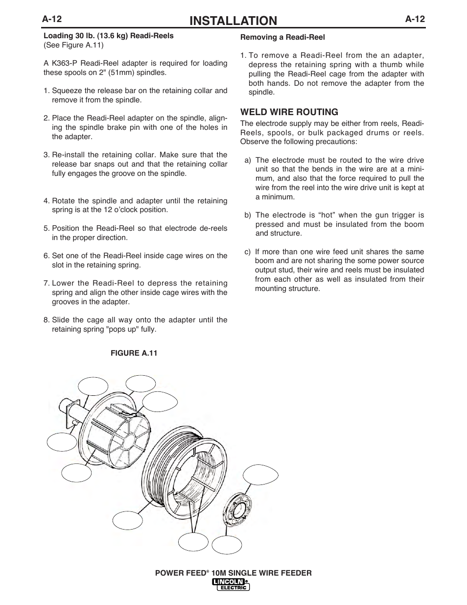 Installation, A-12, Weld wire routing | Lincoln Electric IM827 POWER FEED 10M WIRE FEEDER User Manual | Page 20 / 76