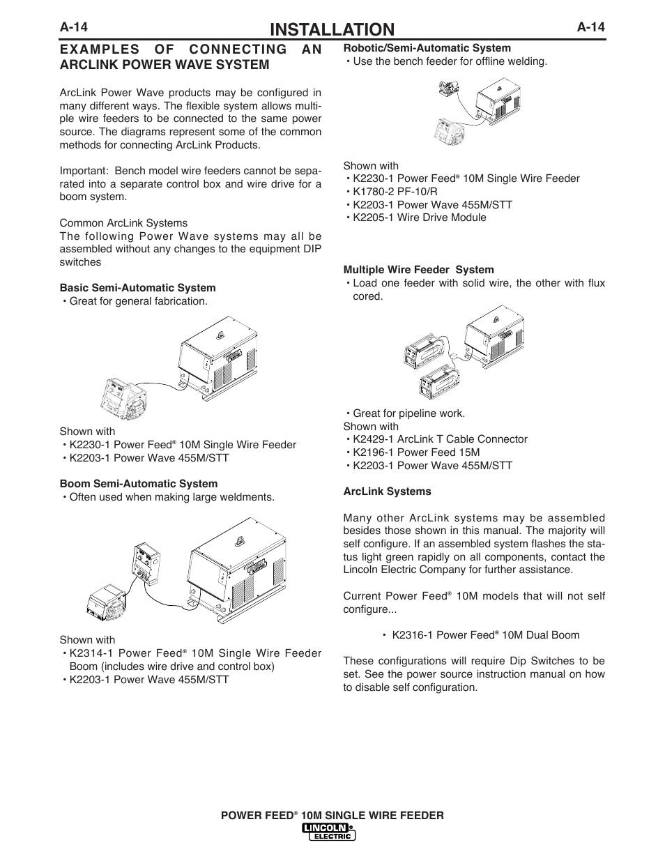 Installation, A-14 | Lincoln Electric IM827 POWER FEED 10M WIRE FEEDER User Manual | Page 22 / 76