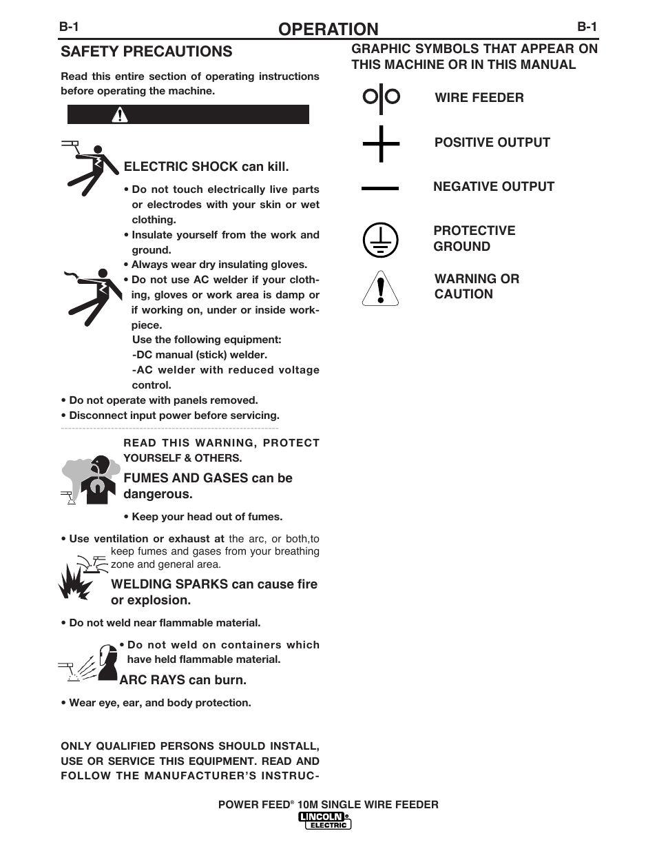 Operation, Safety precautions | Lincoln Electric IM827 POWER FEED 10M WIRE FEEDER User Manual | Page 24 / 76