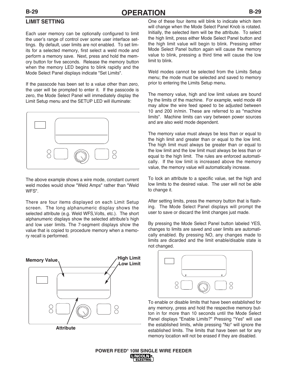 Operation, Enable limits, B-29 | Limit setting | Lincoln Electric IM827 POWER FEED 10M WIRE FEEDER User Manual | Page 52 / 76