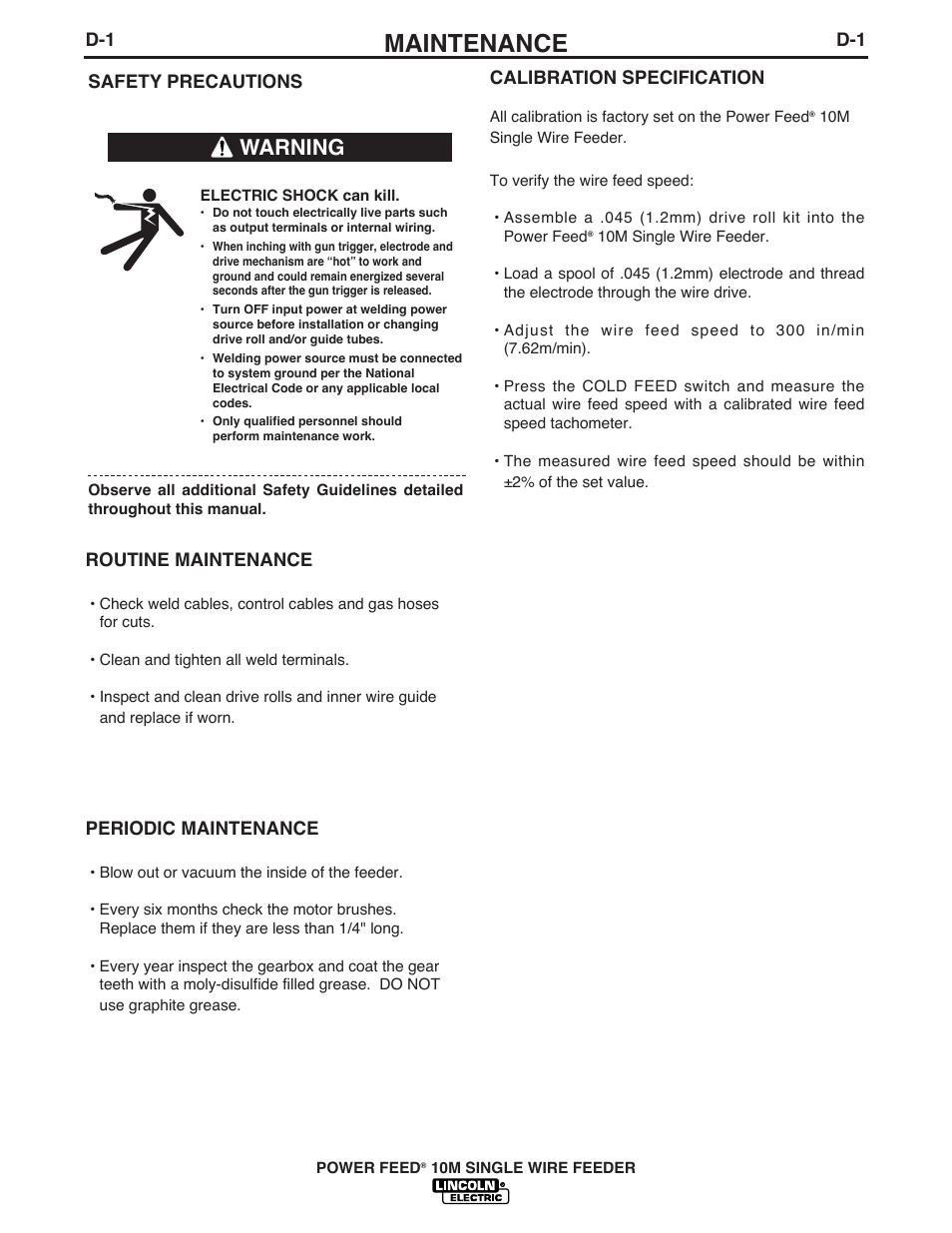 Maintenance, Warning | Lincoln Electric IM827 POWER FEED 10M WIRE FEEDER User Manual | Page 56 / 76