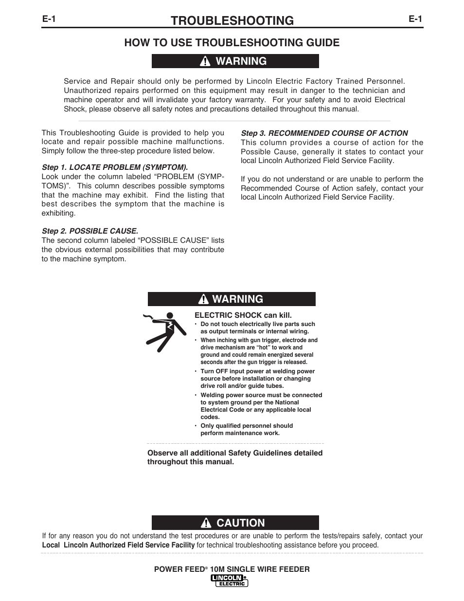 Troubleshooting, Caution, How to use troubleshooting guide | Warning | Lincoln Electric IM827 POWER FEED 10M WIRE FEEDER User Manual | Page 57 / 76