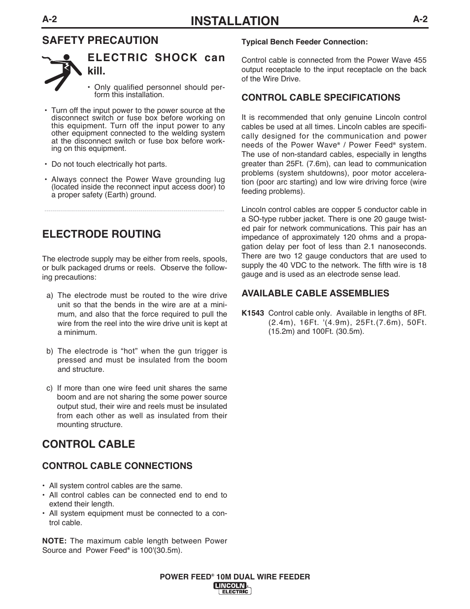 Installation, Safety precaution electrode routing, Control cable | Electric shock can kill | Lincoln Electric IM777 POWER FEED 10M Dual WIRE FEEDER User Manual | Page 10 / 70