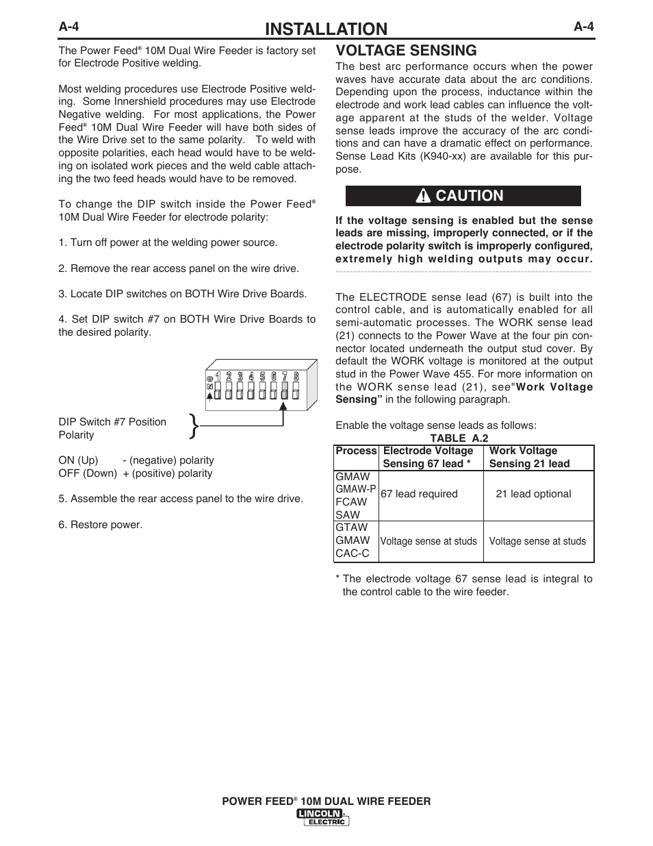 Installation, Voltage sensing, Caution | Lincoln Electric IM777 POWER FEED 10M Dual WIRE FEEDER User Manual | Page 12 / 70