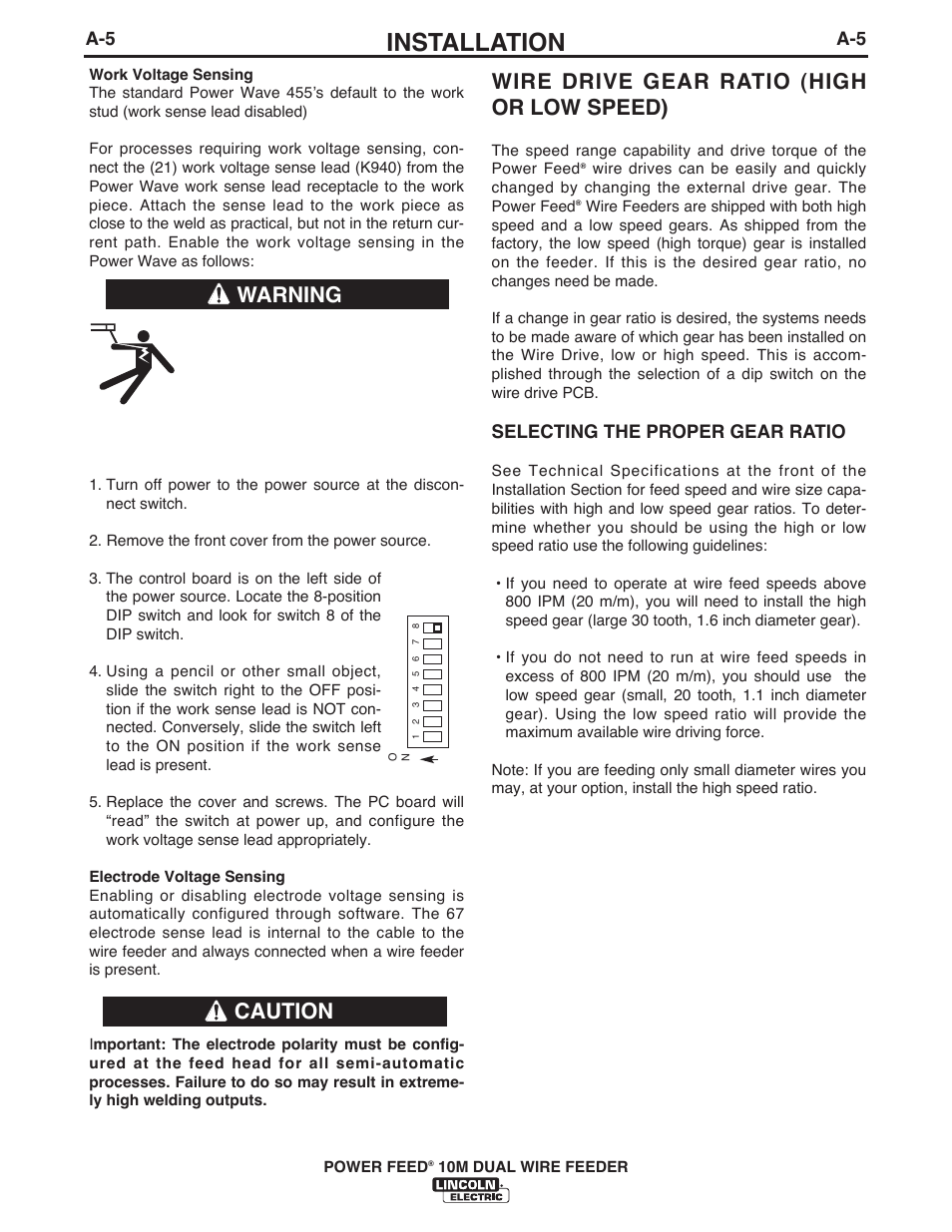 Installation, Wire drive gear ratio (high or low speed), Warning | Caution, Selecting the proper gear ratio | Lincoln Electric IM777 POWER FEED 10M Dual WIRE FEEDER User Manual | Page 13 / 70