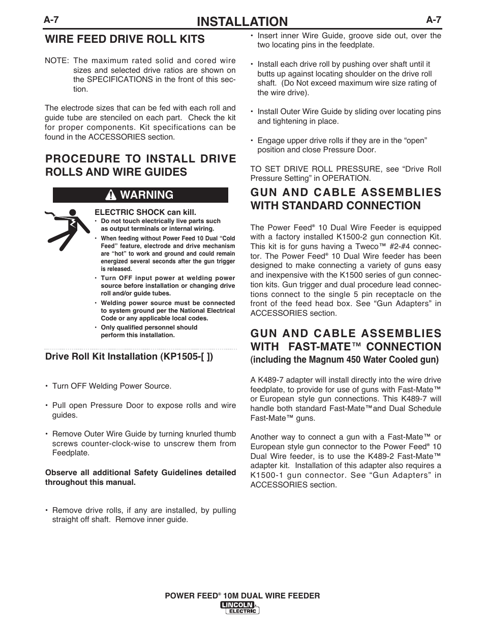 Installation, Procedure to install drive rolls and wire guides, Gun and cable assemblies with standard connection | Warning, Wire feed drive roll kits | Lincoln Electric IM777 POWER FEED 10M Dual WIRE FEEDER User Manual | Page 15 / 70