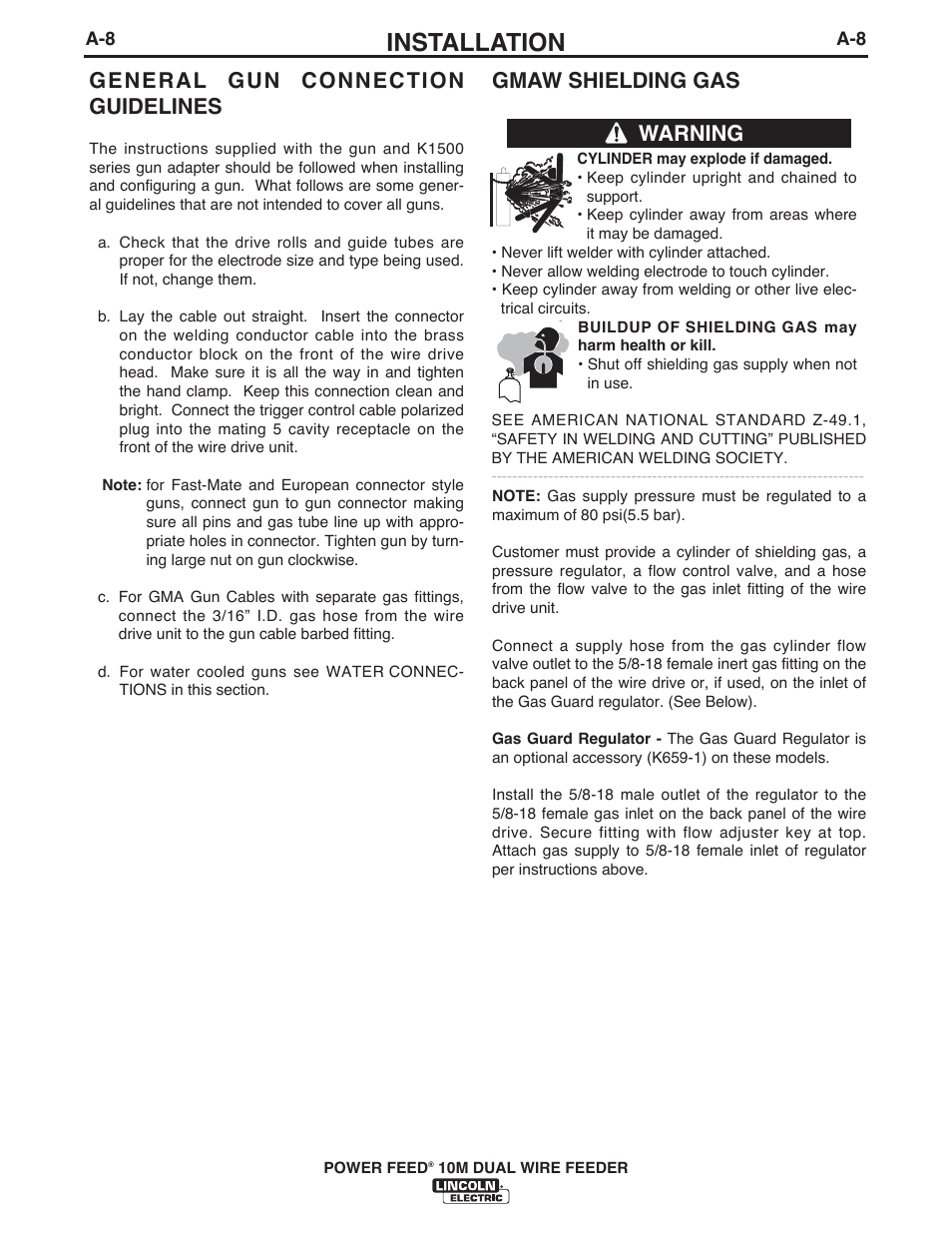 Installation, General gun connection guidelines, Gmaw shielding gas | Warning | Lincoln Electric IM777 POWER FEED 10M Dual WIRE FEEDER User Manual | Page 16 / 70