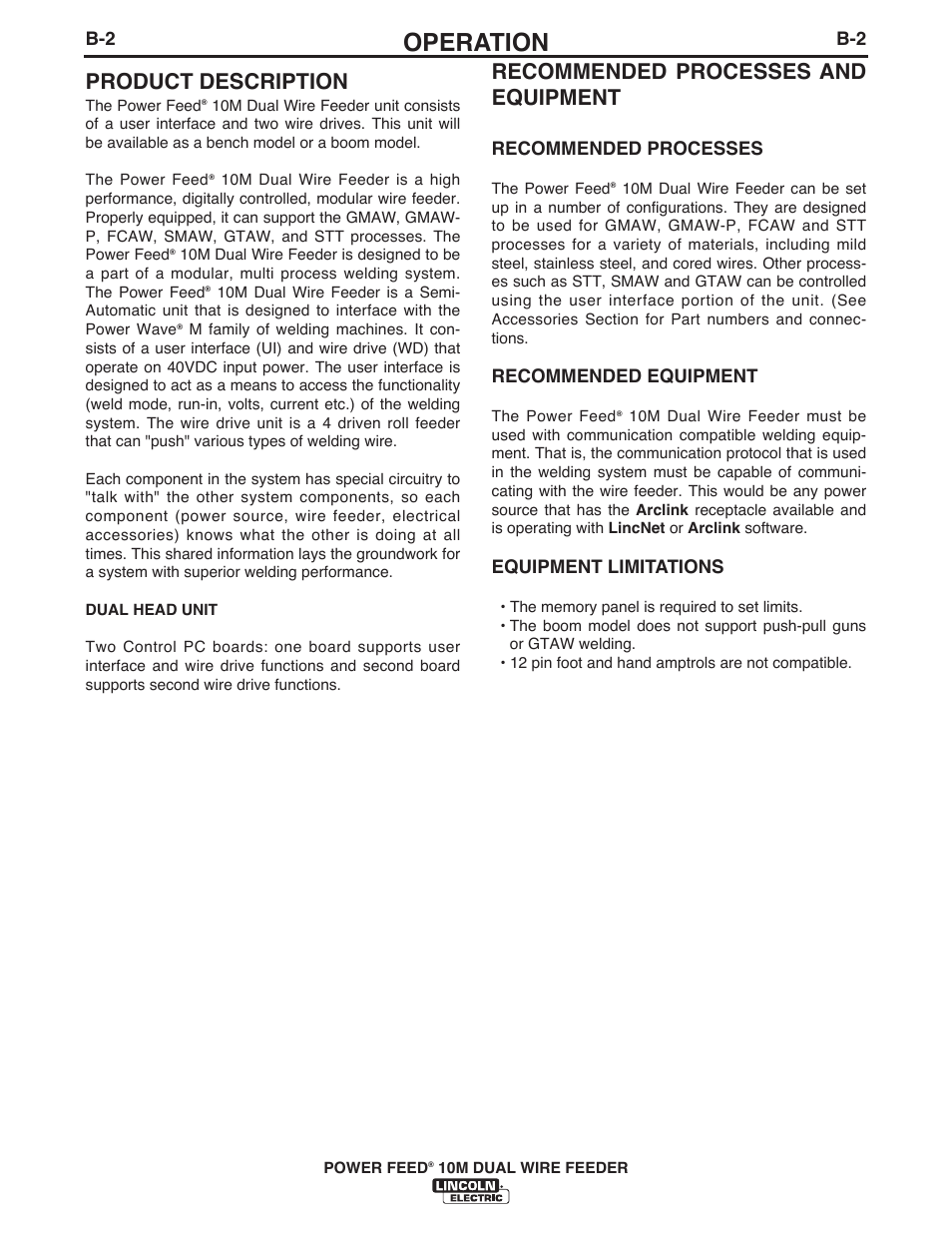 Operation, Product description, Recommended processes and equipment | Recommended processes, Recommended equipment, Equipment limitations | Lincoln Electric IM777 POWER FEED 10M Dual WIRE FEEDER User Manual | Page 20 / 70