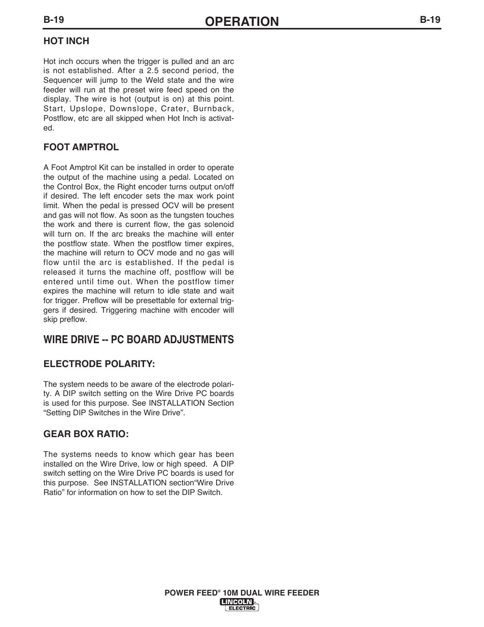 Operation, Wire drive -- pc board adjustments | Lincoln Electric IM777 POWER FEED 10M Dual WIRE FEEDER User Manual | Page 37 / 70