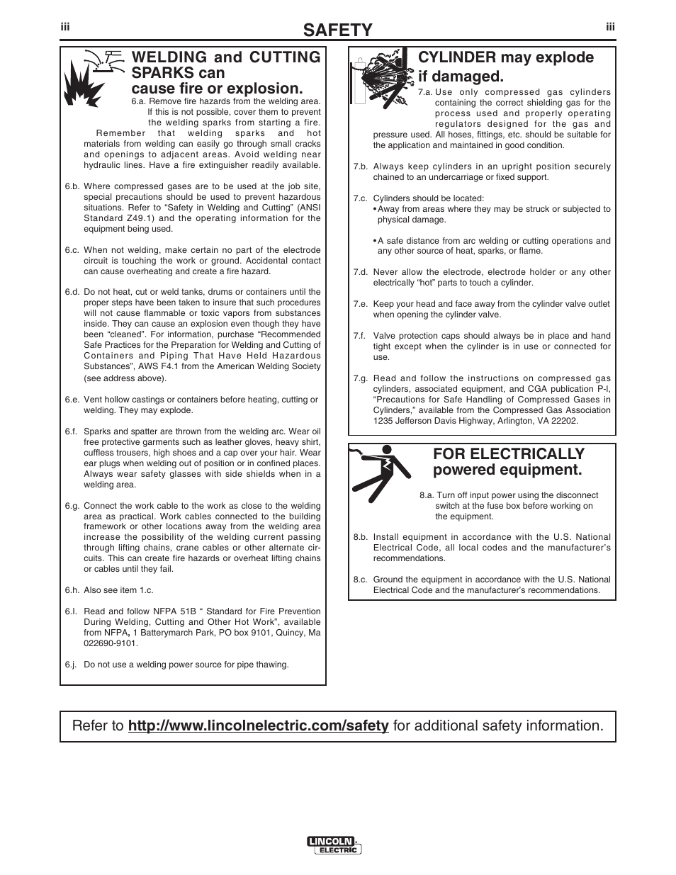 Safety, For electrically powered equipment, Cylinder may explode if damaged | Lincoln Electric IM777 POWER FEED 10M Dual WIRE FEEDER User Manual | Page 4 / 70