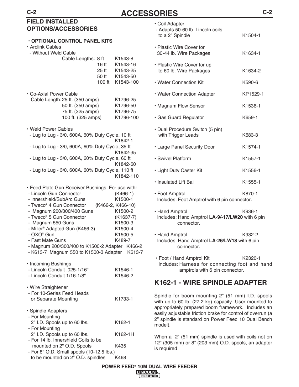 Accessories, K162-1 - wire spindle adapter | Lincoln Electric IM777 POWER FEED 10M Dual WIRE FEEDER User Manual | Page 45 / 70