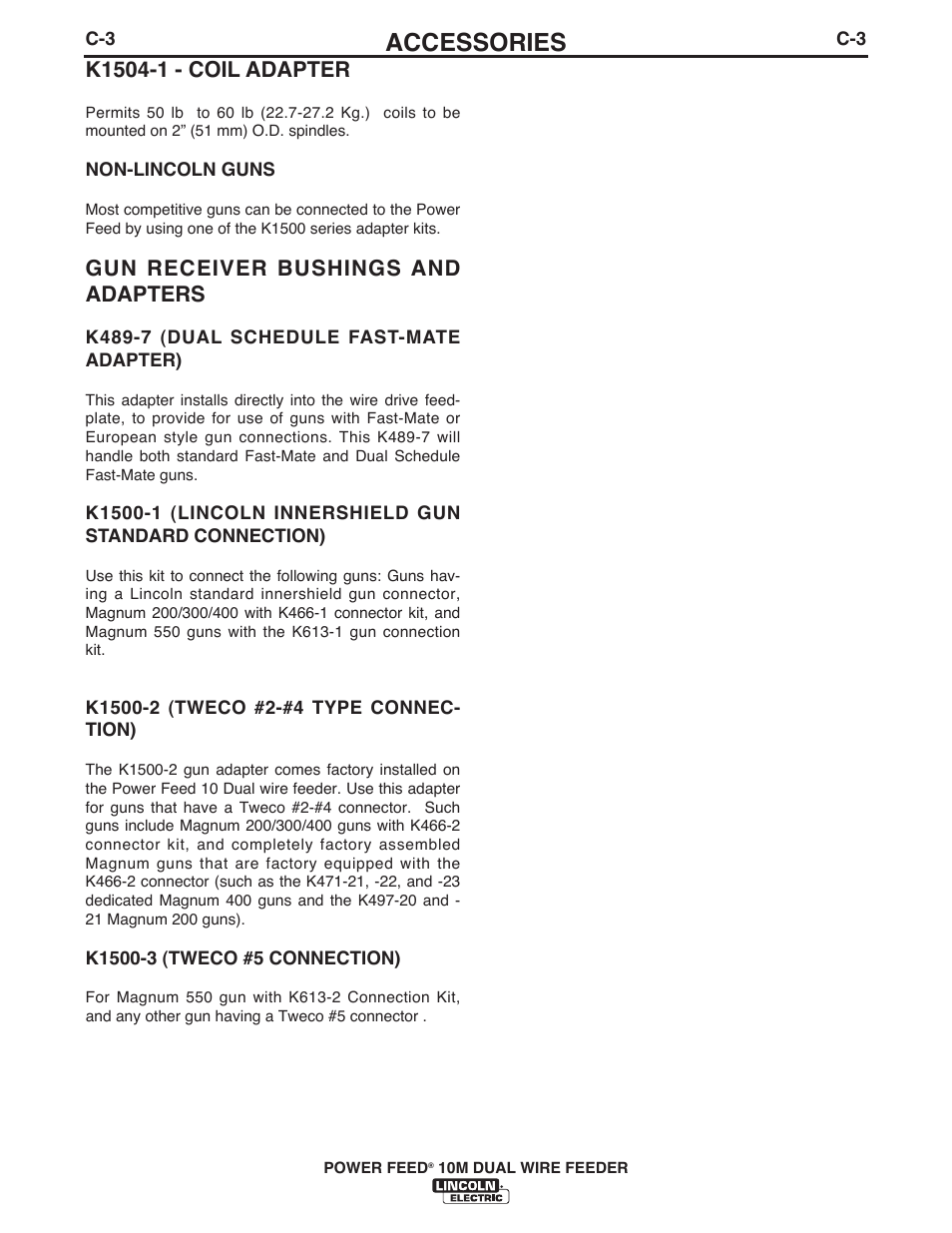 Accessories, Gun receiver bushings and adapters | Lincoln Electric IM777 POWER FEED 10M Dual WIRE FEEDER User Manual | Page 46 / 70