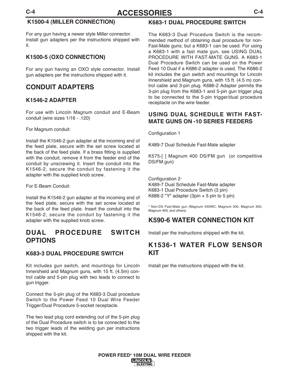 Accessories, Conduit adapters, Dual procedure switch options | K590-6 water connection kit | Lincoln Electric IM777 POWER FEED 10M Dual WIRE FEEDER User Manual | Page 47 / 70