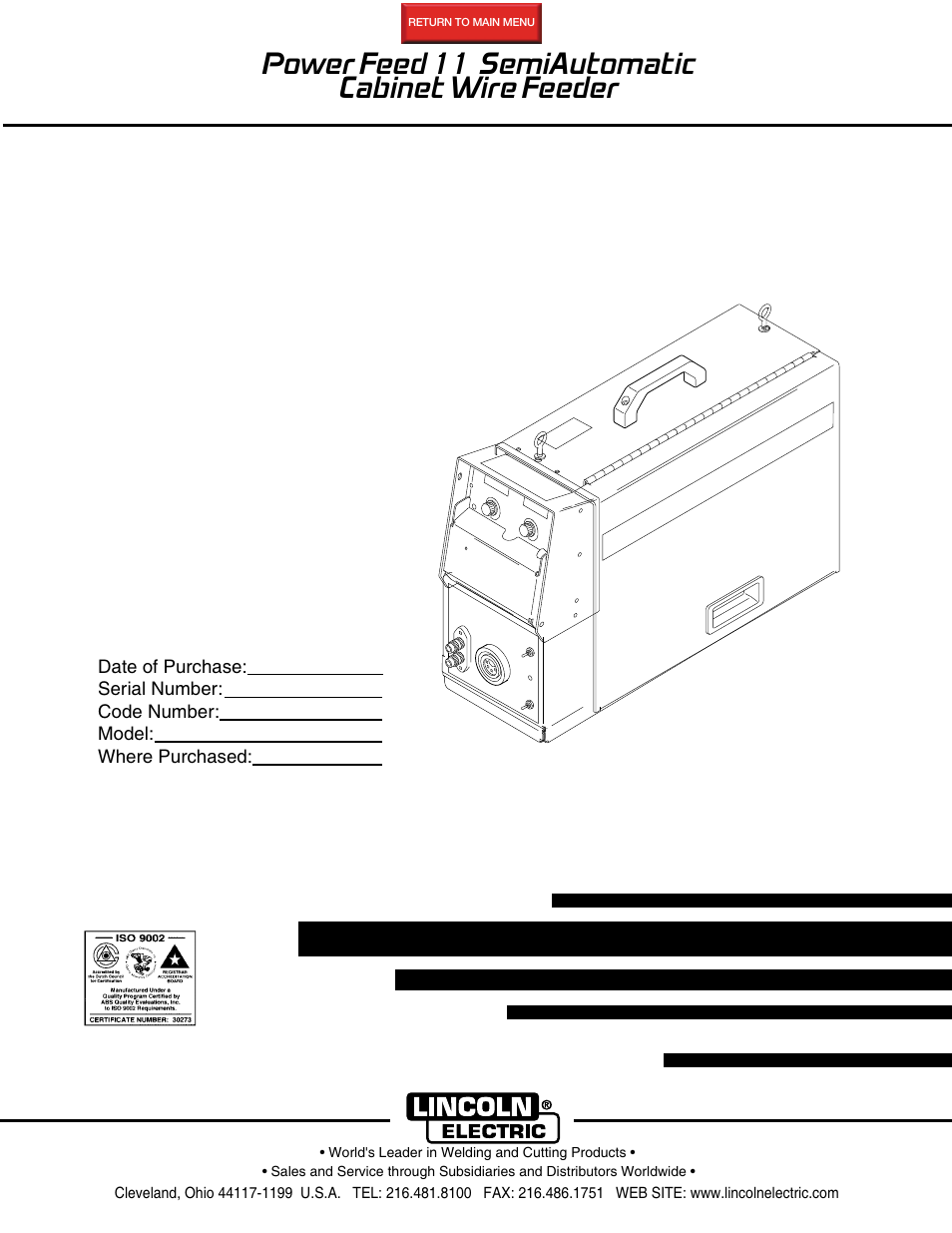 Lincoln Electric IM613 POWER FEED 11 SemiAutomatic Cabinet WIRE FEEDER User Manual | 54 pages