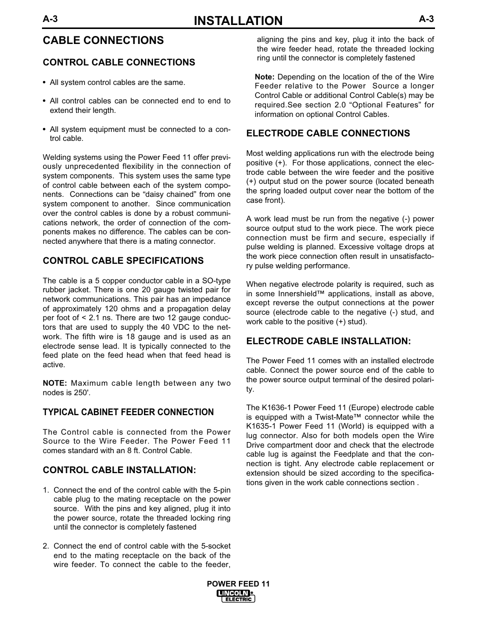 Installation, Cable connections | Lincoln Electric IM613 POWER FEED 11 SemiAutomatic Cabinet WIRE FEEDER User Manual | Page 11 / 54