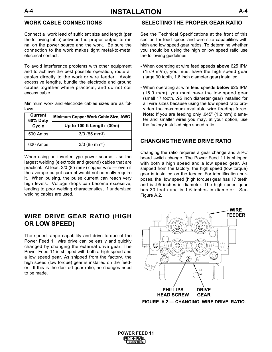 Installation, Wire drive gear ratio (high or low speed) | Lincoln Electric IM613 POWER FEED 11 SemiAutomatic Cabinet WIRE FEEDER User Manual | Page 12 / 54