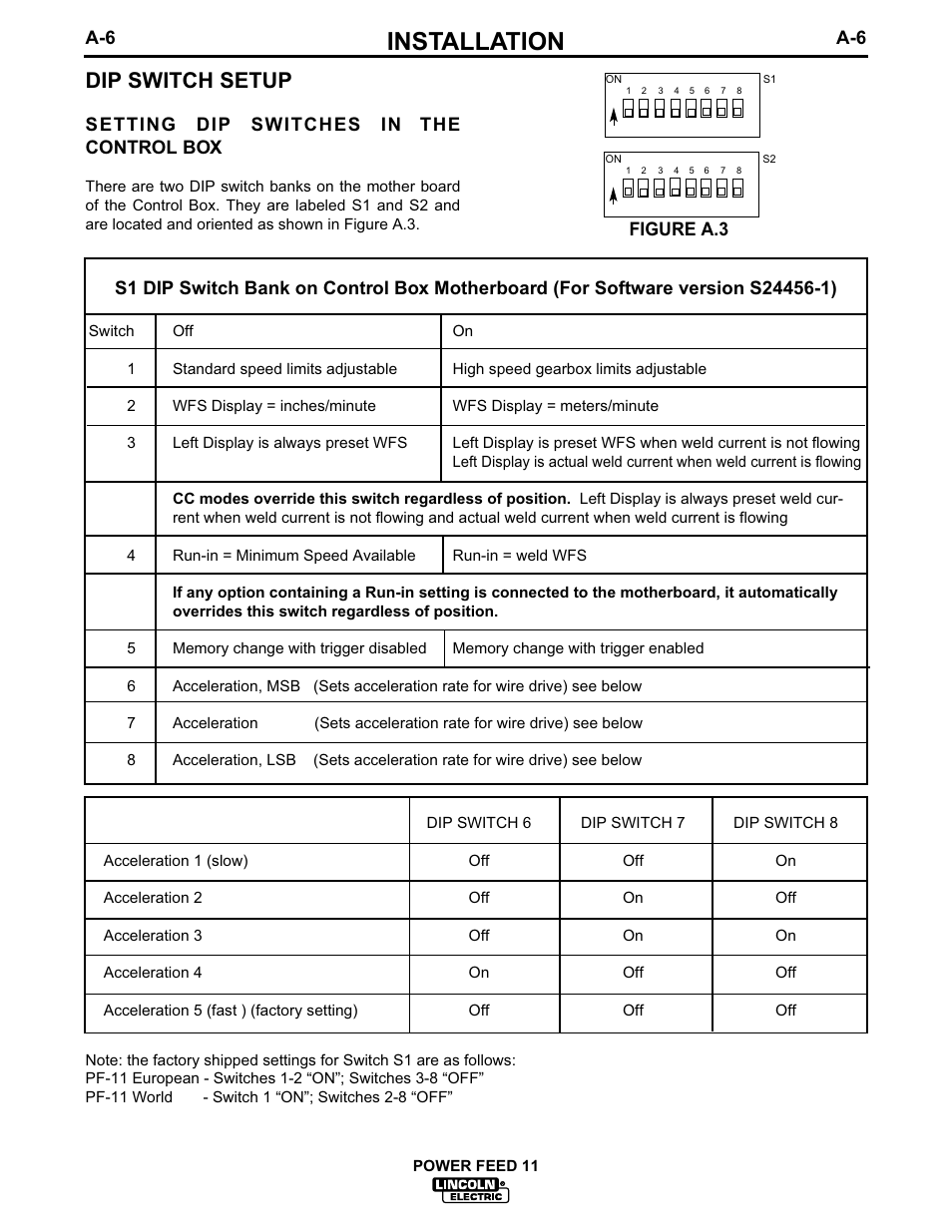 Installation, Dip switch setup, A-6 figure a.3 | Setting dip switches in the control box | Lincoln Electric IM613 POWER FEED 11 SemiAutomatic Cabinet WIRE FEEDER User Manual | Page 14 / 54