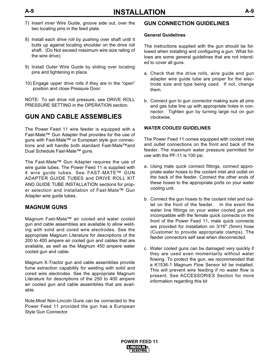 Installation, Gun and cable assemblies | Lincoln Electric IM613 POWER FEED 11 SemiAutomatic Cabinet WIRE FEEDER User Manual | Page 17 / 54