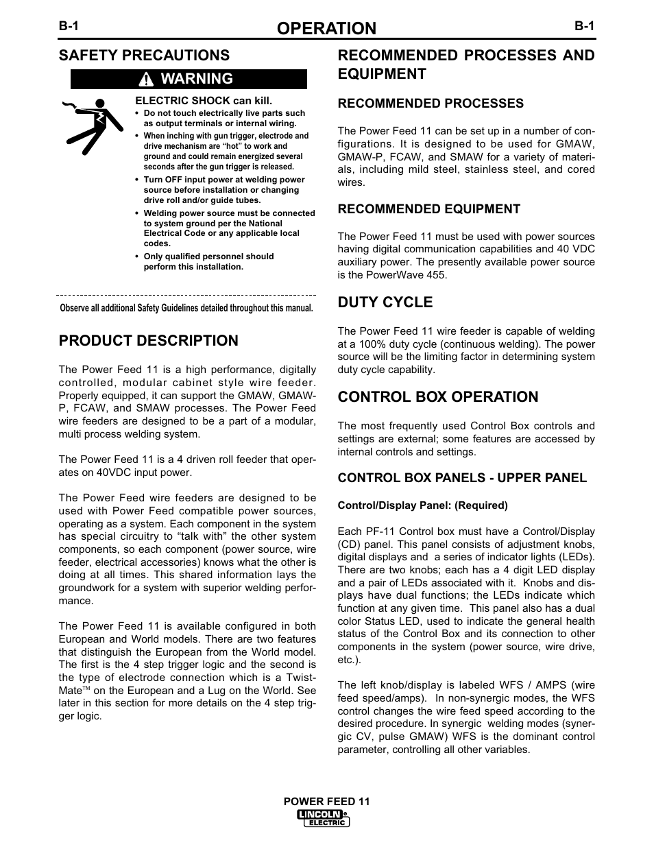 Operation, Safety precautions product description, Recommended processes and equipment | Duty cycle, Control box operation, Warning | Lincoln Electric IM613 POWER FEED 11 SemiAutomatic Cabinet WIRE FEEDER User Manual | Page 20 / 54