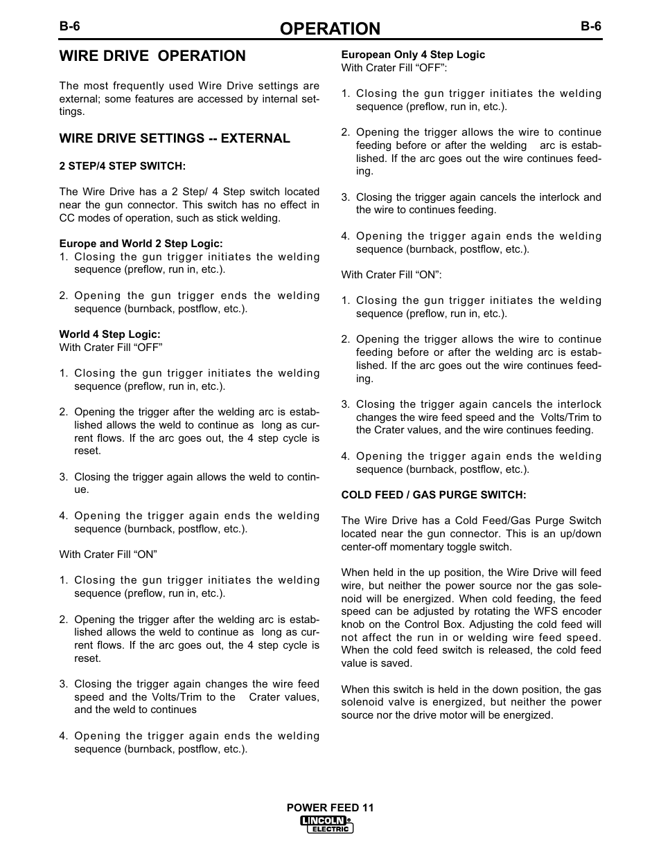 Operation, Wire drive operation | Lincoln Electric IM613 POWER FEED 11 SemiAutomatic Cabinet WIRE FEEDER User Manual | Page 25 / 54