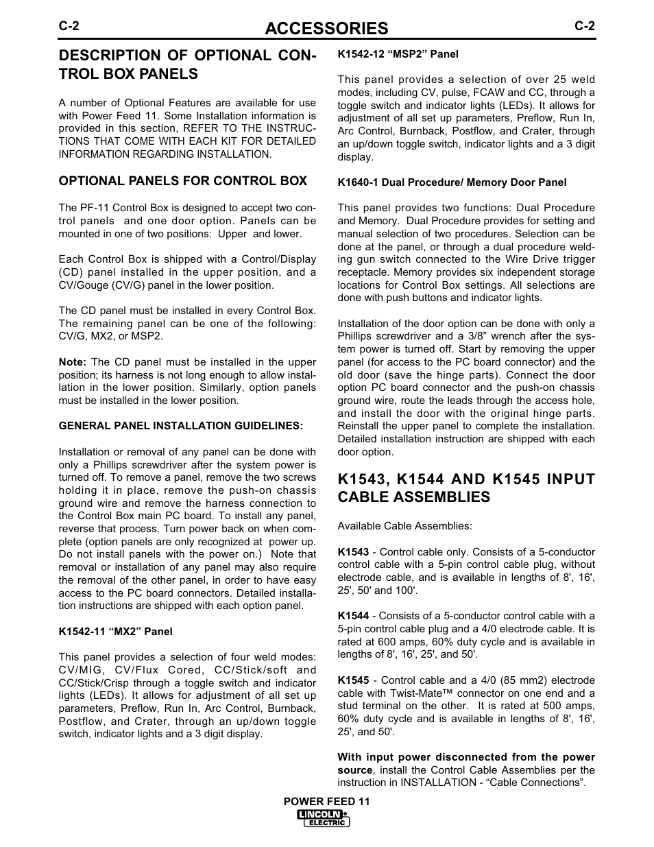 Accessories, Description of optional con- trol box panels | Lincoln Electric IM613 POWER FEED 11 SemiAutomatic Cabinet WIRE FEEDER User Manual | Page 32 / 54