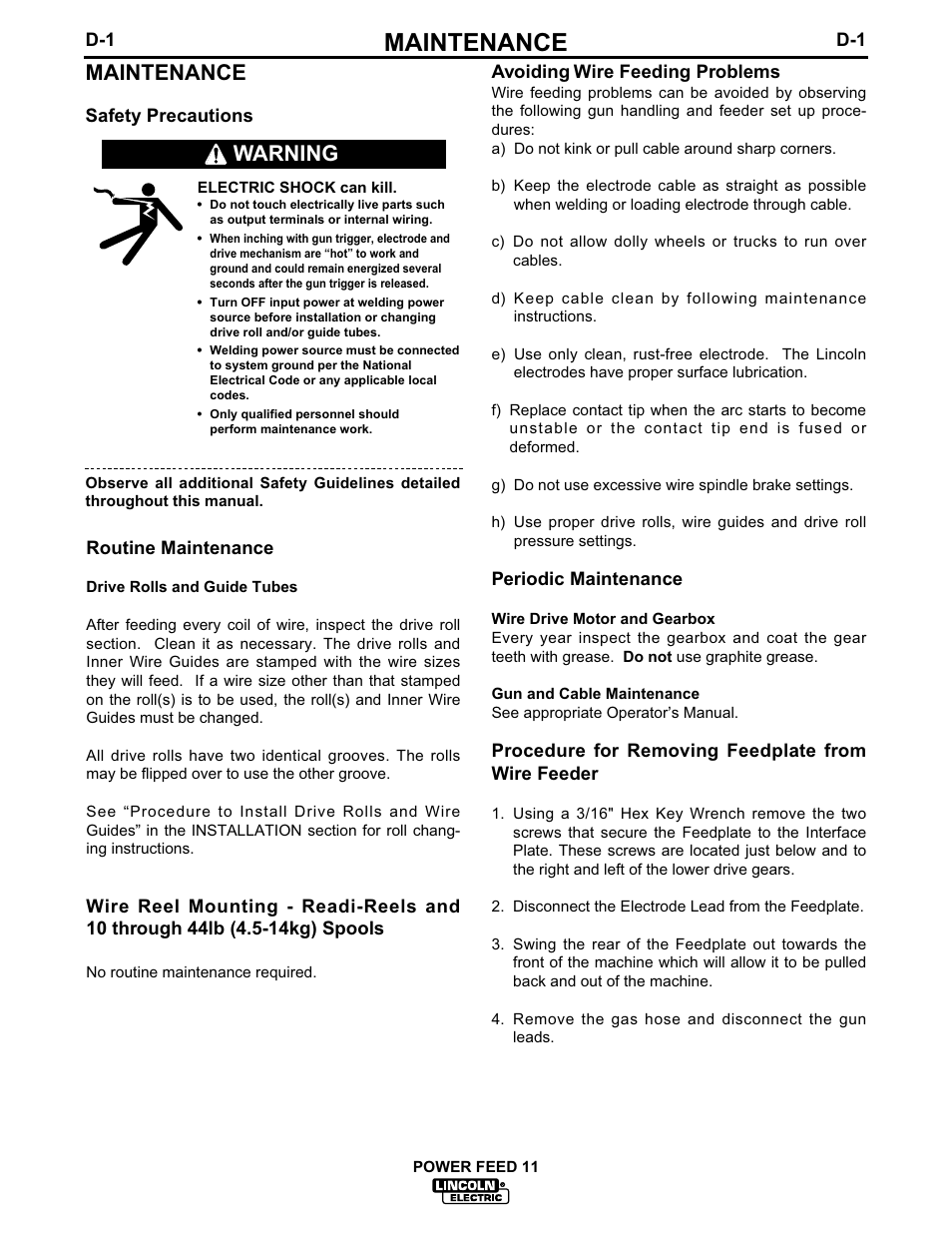 Maintenance, Warning | Lincoln Electric IM613 POWER FEED 11 SemiAutomatic Cabinet WIRE FEEDER User Manual | Page 34 / 54