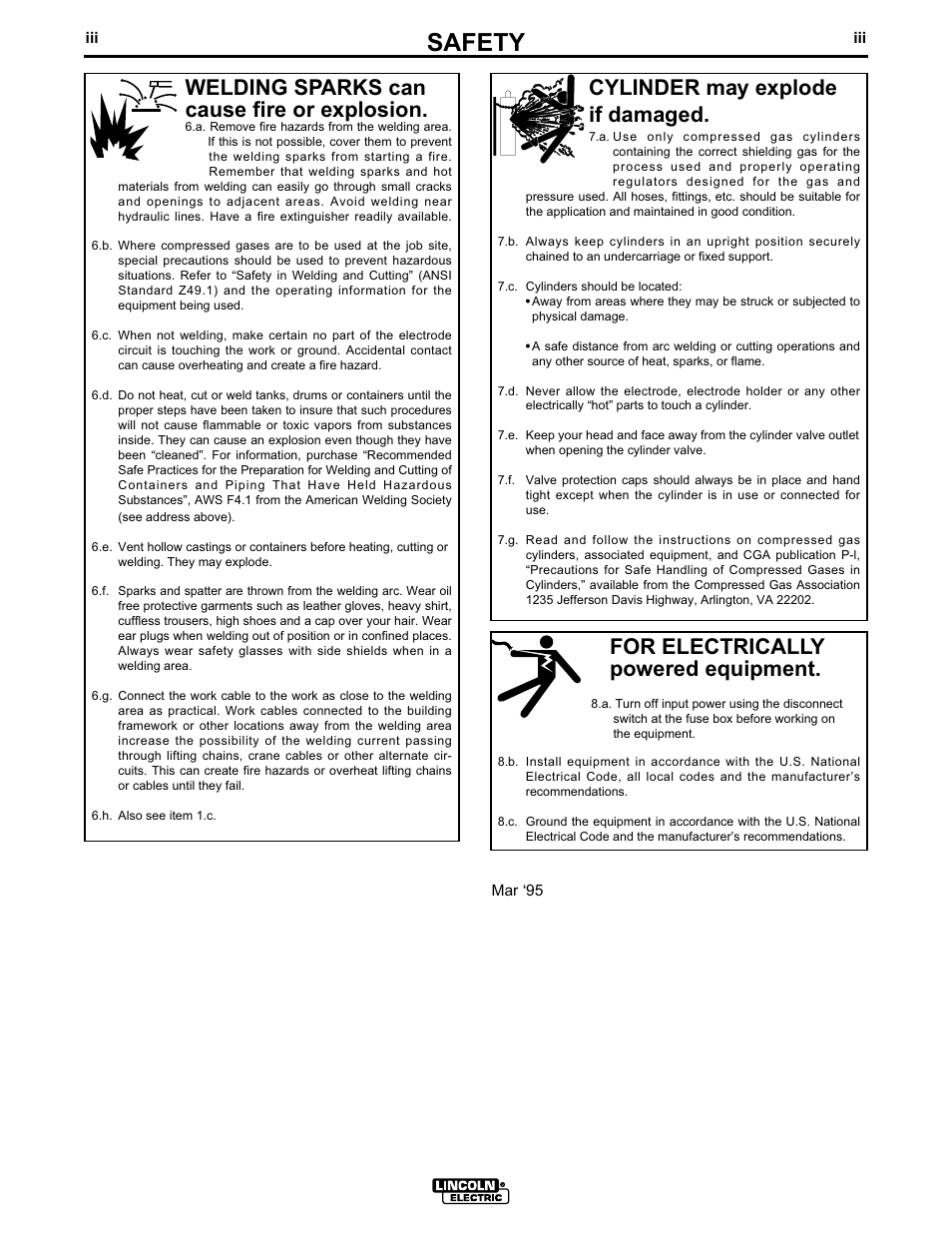 Safety, For electrically powered equipment, Cylinder may explode if damaged | Welding sparks can cause fire or explosion | Lincoln Electric IM613 POWER FEED 11 SemiAutomatic Cabinet WIRE FEEDER User Manual | Page 4 / 54