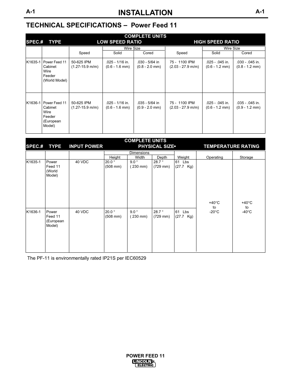 Installation, Technical specifications – power feed 11 | Lincoln Electric IM613 POWER FEED 11 SemiAutomatic Cabinet WIRE FEEDER User Manual | Page 9 / 54