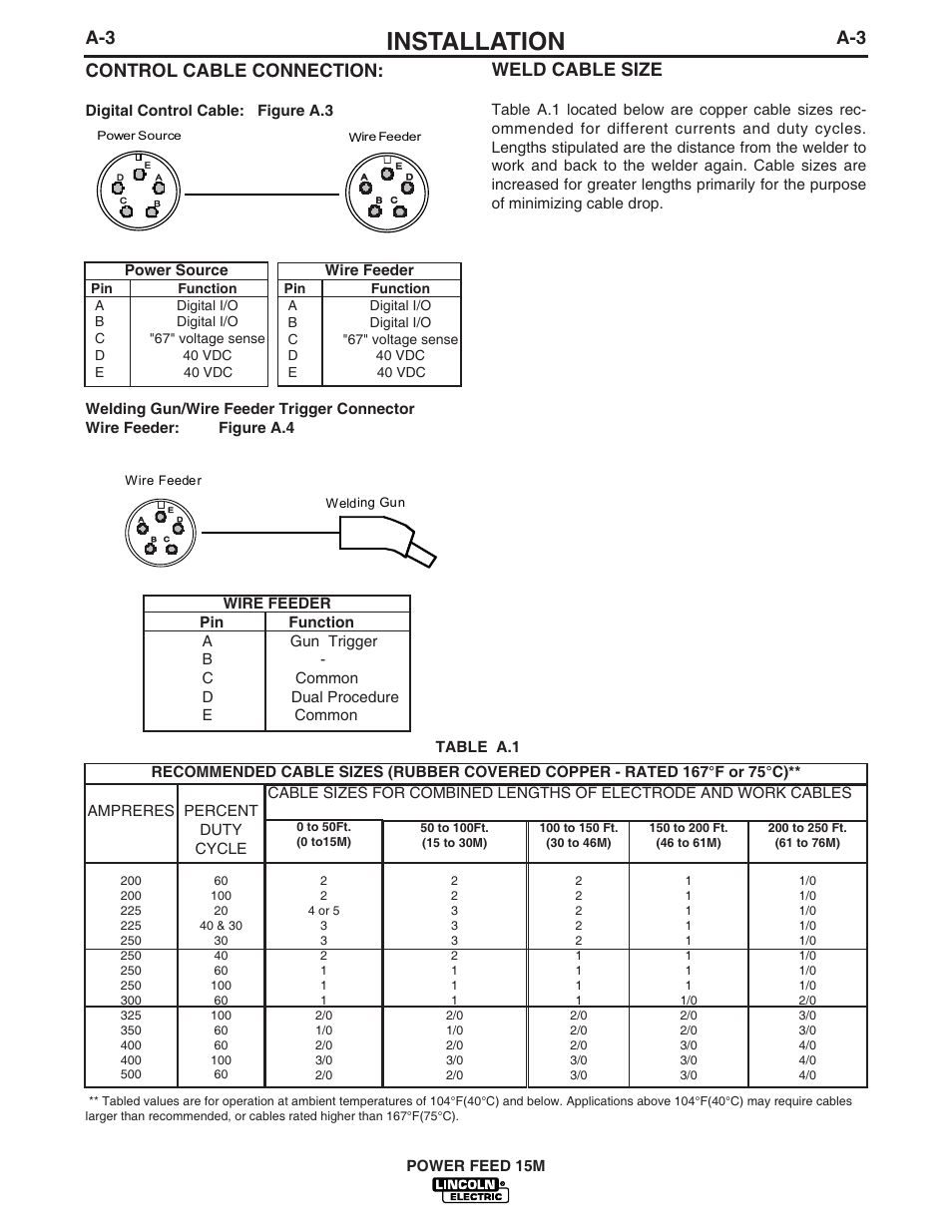 Installation, A-3 control cable connection, Weld cable size | Lincoln Electric IM761 POWER FEED 15M User Manual | Page 10 / 48