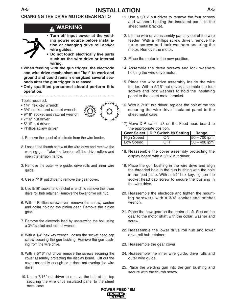 Installation, Warning | Lincoln Electric IM761 POWER FEED 15M User Manual | Page 12 / 48
