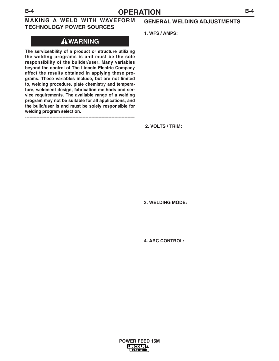Operation, Warning | Lincoln Electric IM761 POWER FEED 15M User Manual | Page 18 / 48