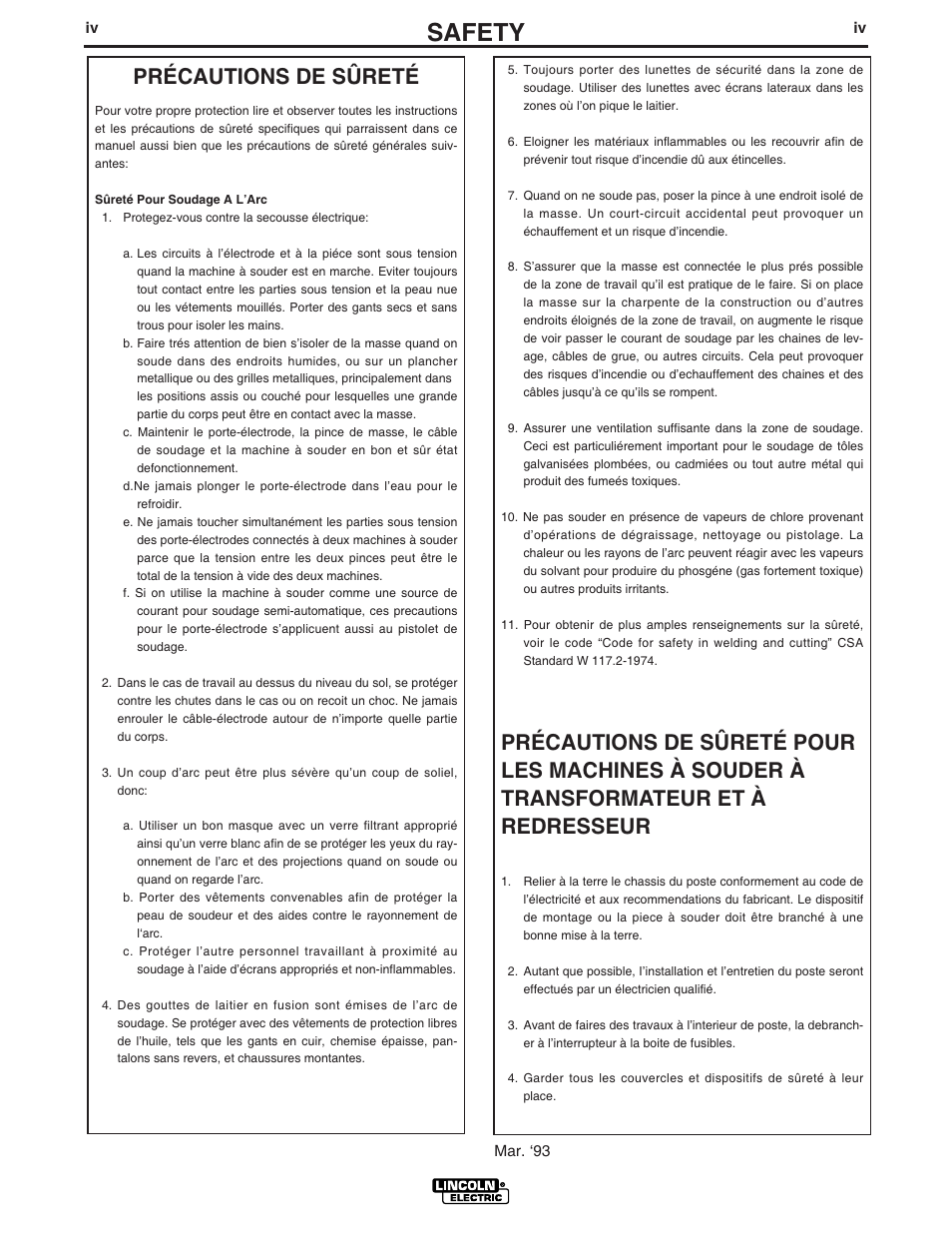 Safety, Précautions de sûreté | Lincoln Electric IM761 POWER FEED 15M User Manual | Page 5 / 48