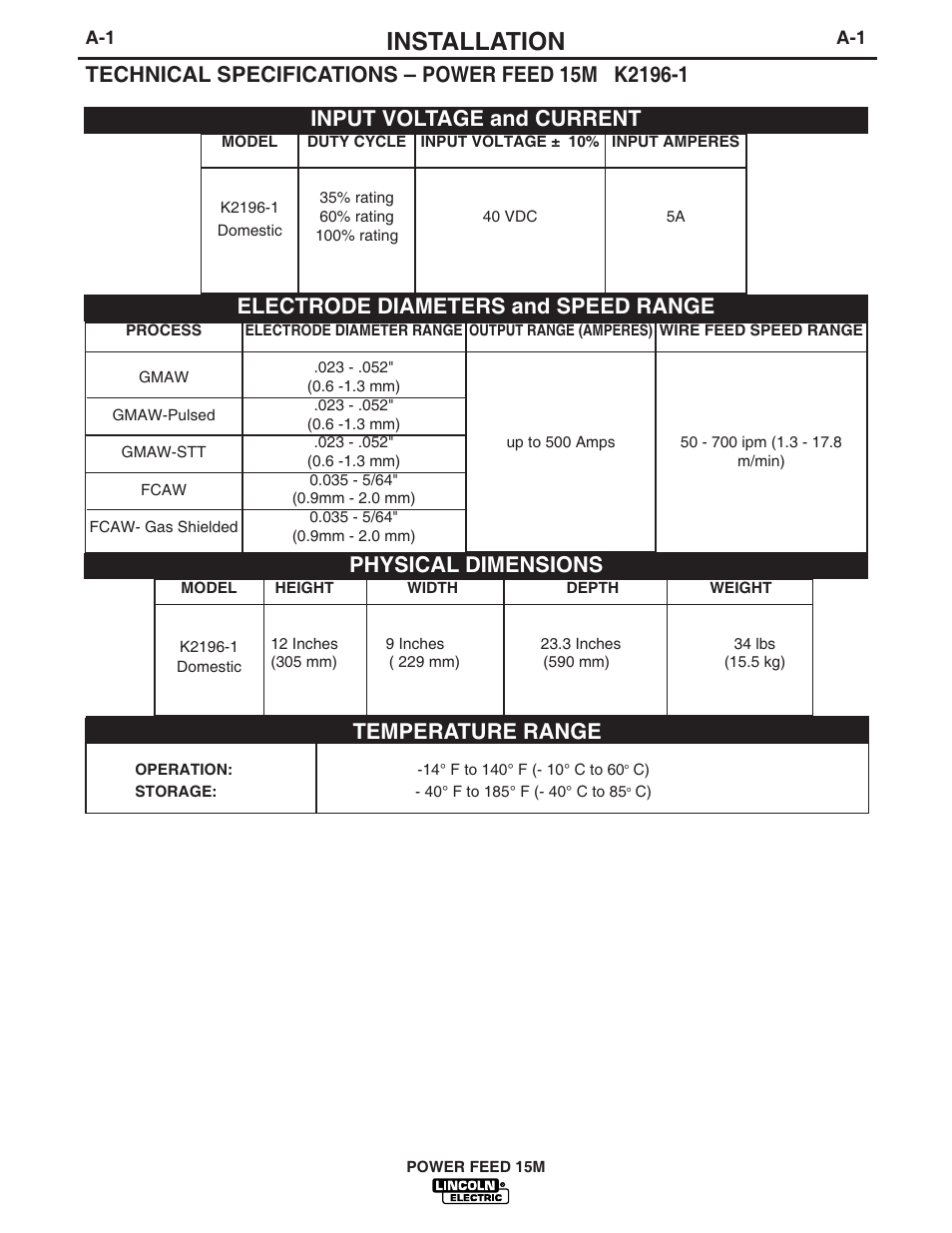 Installation, Temperature range | Lincoln Electric IM761 POWER FEED 15M User Manual | Page 8 / 48