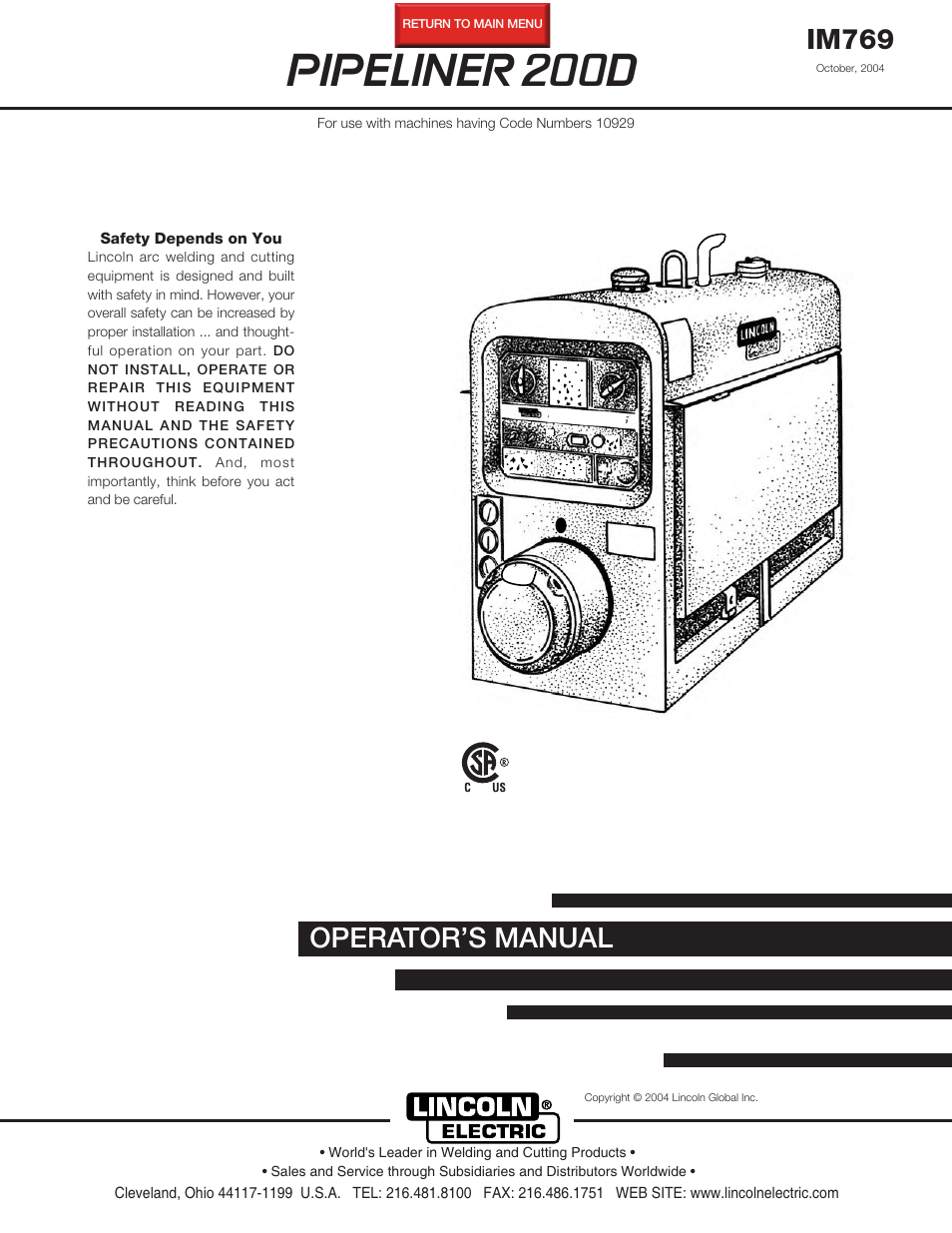 Lincoln Electric IM769 PIPELINER 200D User Manual | 34 pages