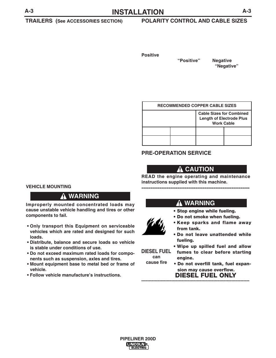 Installation, Warning caution, Diesel fuel only | Warning | Lincoln Electric IM769 PIPELINER 200D User Manual | Page 10 / 34