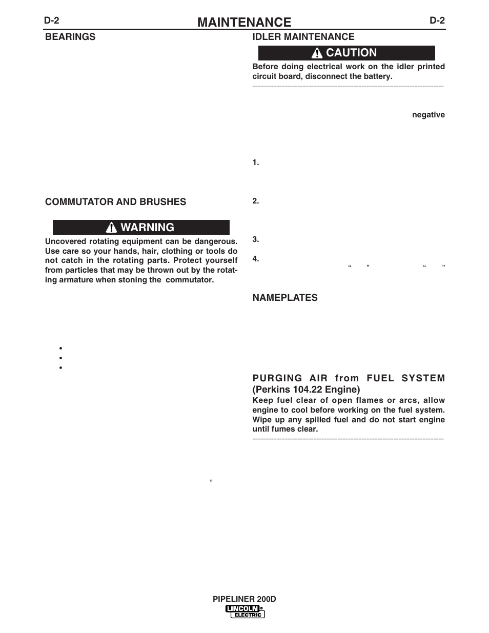 Maintenance, Warning caution | Lincoln Electric IM769 PIPELINER 200D User Manual | Page 18 / 34