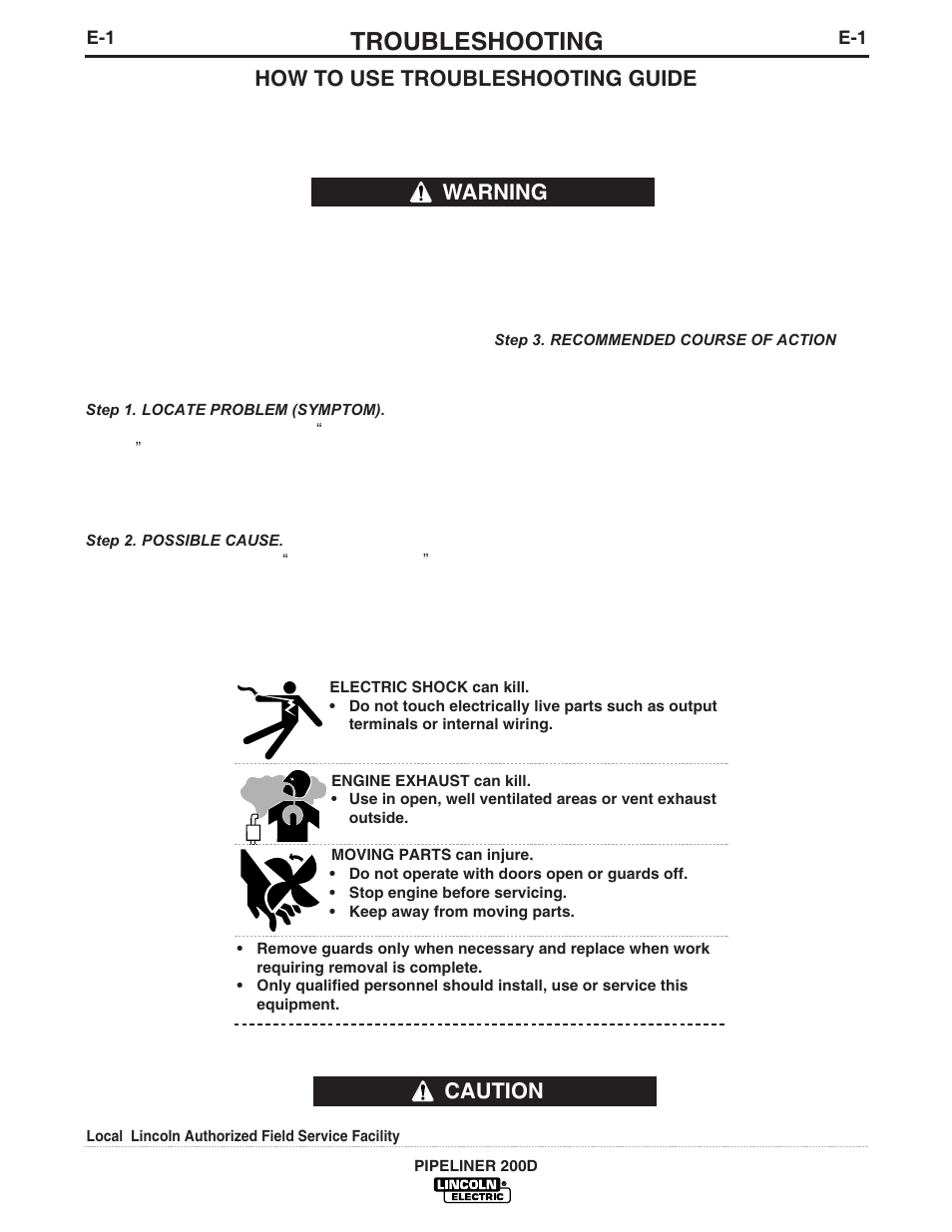 Troubleshooting, Caution, How to use troubleshooting guide | Warning | Lincoln Electric IM769 PIPELINER 200D User Manual | Page 20 / 34