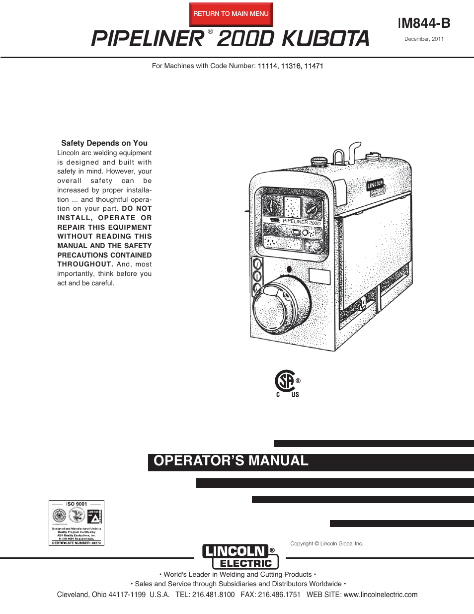 Lincoln Electric IM844 PIPELINER 200D KUBOTA User Manual | 33 pages