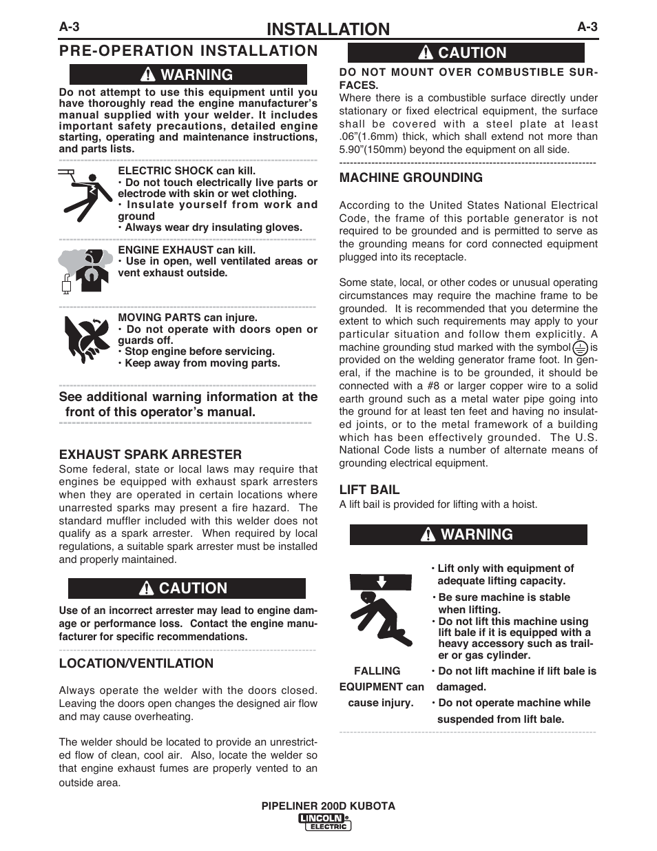 Installation, Pre-operation installation, Warning caution | Caution, Warning | Lincoln Electric IM844 PIPELINER 200D KUBOTA User Manual | Page 10 / 33