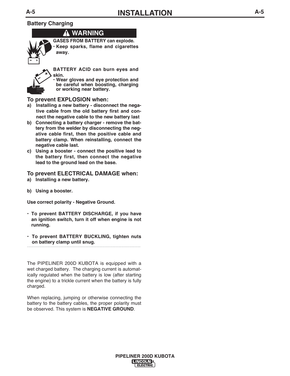 Installation, Warning | Lincoln Electric IM844 PIPELINER 200D KUBOTA User Manual | Page 12 / 33