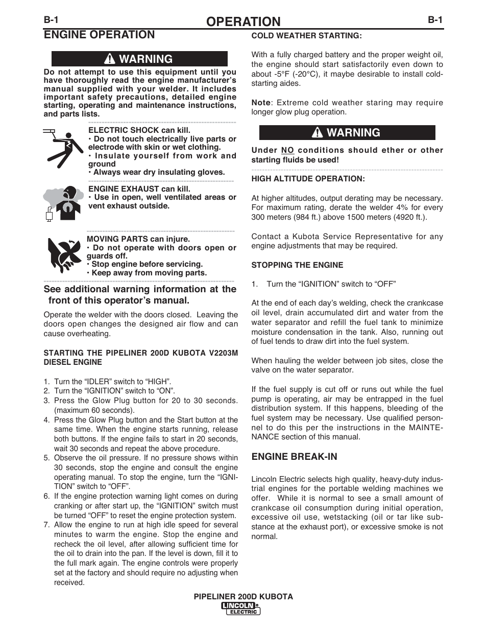 Operation, Engine operation, Warning | Lincoln Electric IM844 PIPELINER 200D KUBOTA User Manual | Page 13 / 33