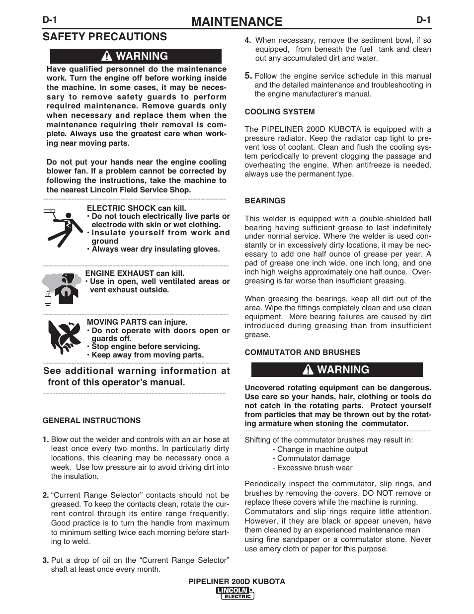 Maintenance, Safety precautions, Warning | Lincoln Electric IM844 PIPELINER 200D KUBOTA User Manual | Page 17 / 33