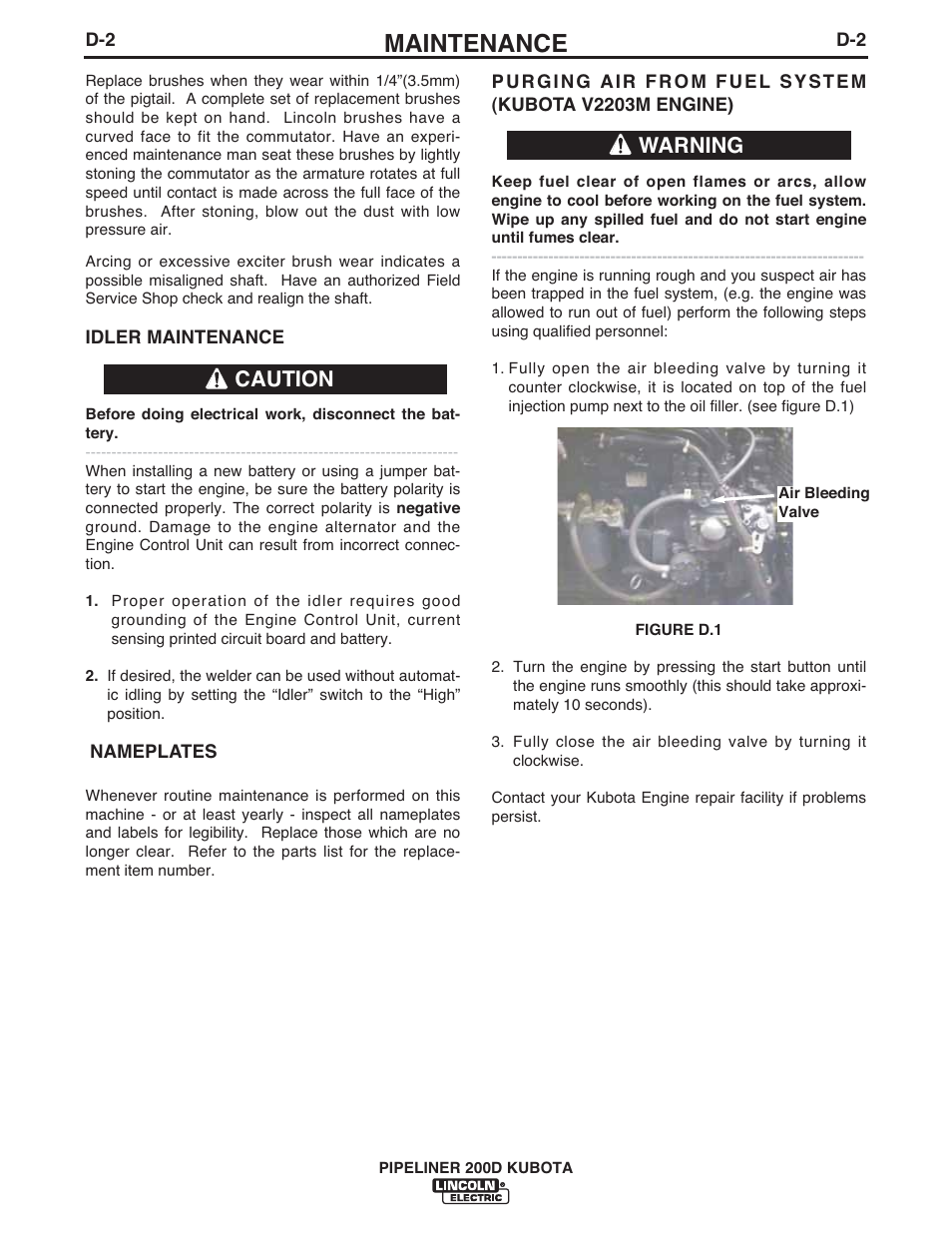 Maintenance, Caution warning | Lincoln Electric IM844 PIPELINER 200D KUBOTA User Manual | Page 18 / 33