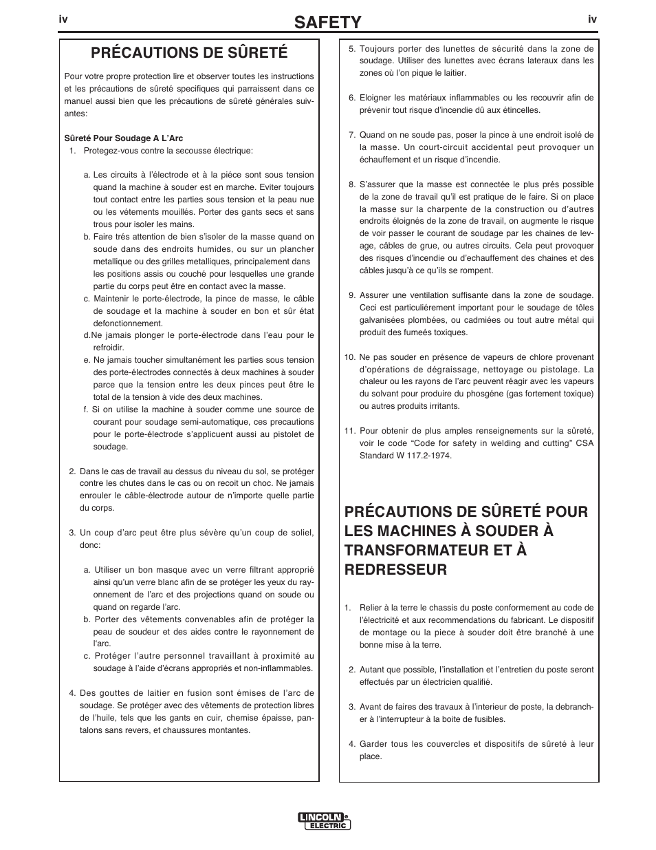 Safety, Précautions de sûreté | Lincoln Electric IM844 PIPELINER 200D KUBOTA User Manual | Page 5 / 33