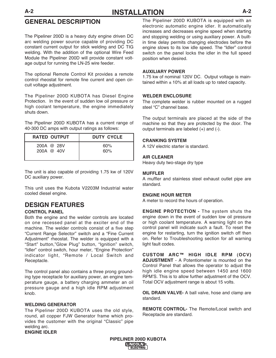 Installation, General description, Design features | Lincoln Electric IM844 PIPELINER 200D KUBOTA User Manual | Page 9 / 33