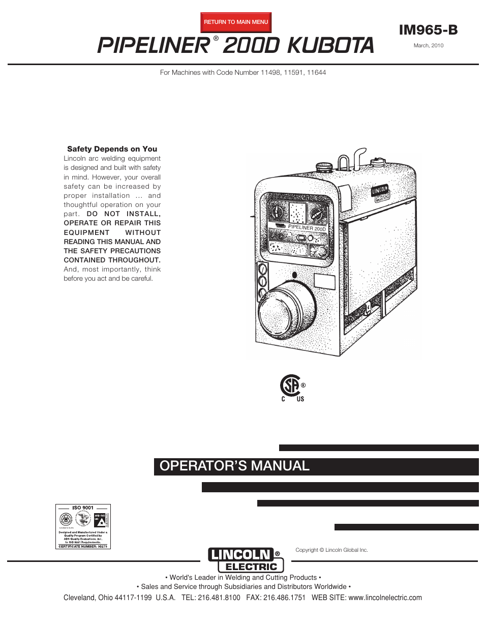 Lincoln Electric IM965 PIPELINER 200D KUBOTA User Manual | 36 pages