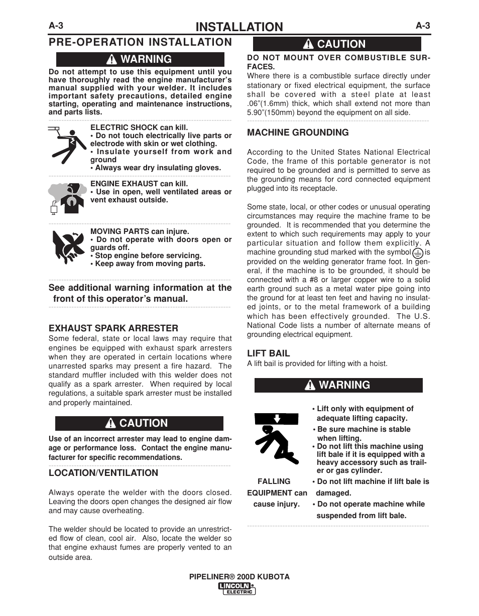 Installation, Pre-operation installation, Warning caution | Caution, Warning | Lincoln Electric IM965 PIPELINER 200D KUBOTA User Manual | Page 10 / 36