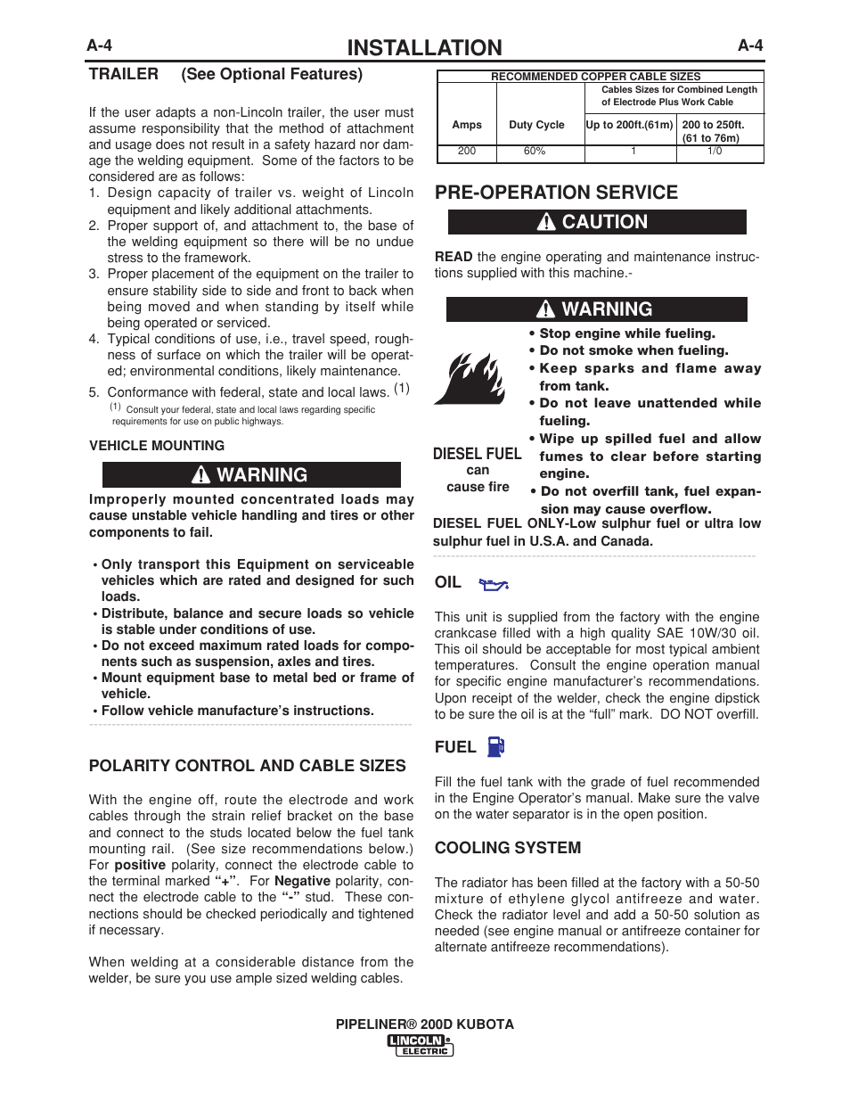 Installation, Pre-operation service, Caution | Warning | Lincoln Electric IM965 PIPELINER 200D KUBOTA User Manual | Page 11 / 36